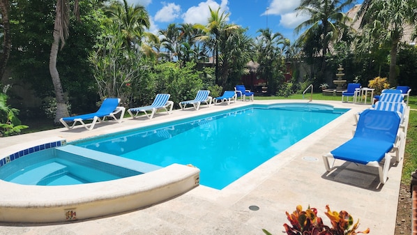 Meticulously maintained, the oversized pool is heated in the winter months.