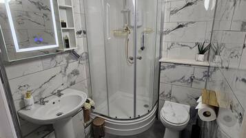 A modern bathroom with a glass-enclosed shower, a pedestal sink, and a toilet.