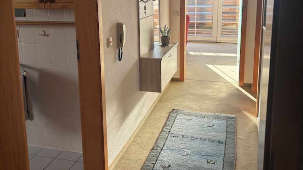 A hallway with a wooden door, a tiled wall, a light switch, a phone, a small plant, and a view of the outside. - Beautiful top floor apartment with balcony in Osloß (Osloß)