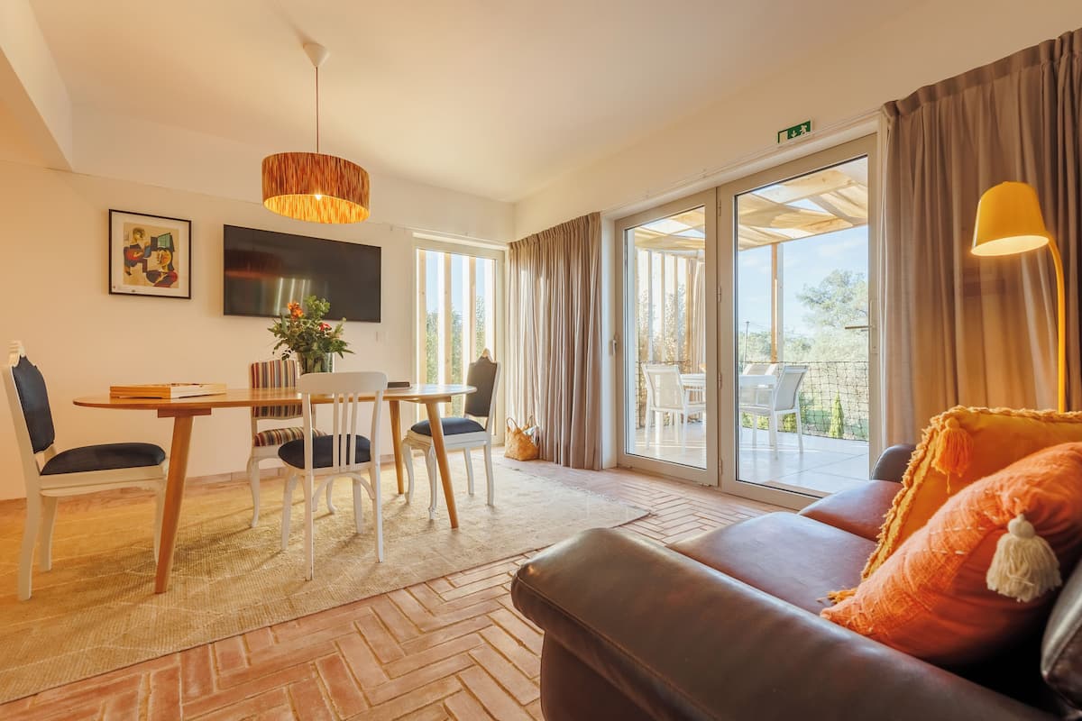 A modern living room with a sofa, a dining table, chairs, a TV, and a large window with curtains.
