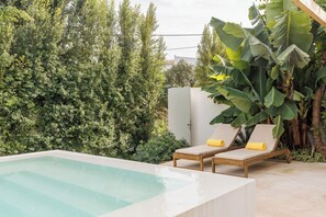 A pool area with two lounge chairs and a large plant. - Laranjal Farm House (Olhao)