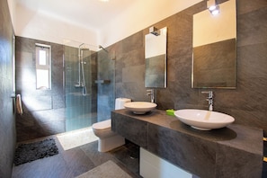 Shower, hair dryer, bidet, towels