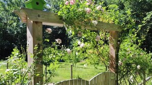 A wooden pergola structure with a green birdhouse attached to it, surrounded by blooming roses and greenery.