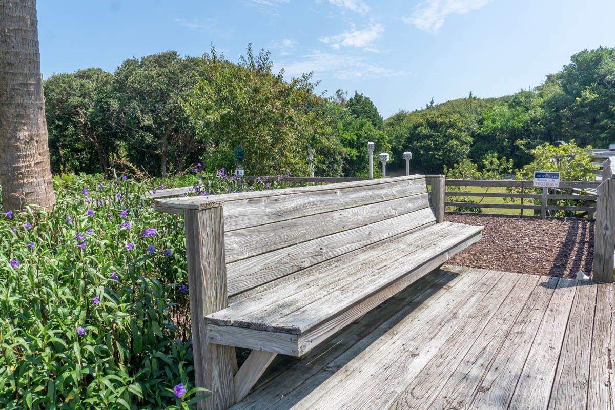 A wooden bench on a wooden deck surrounded by greenery and trees.