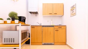 A compact kitchen with wooden cabinets, a sink, and a countertop. There are potted plants on a shelf and a small appliance on the counter.