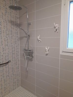 Ducha, secador de pelo, toallas y jabón