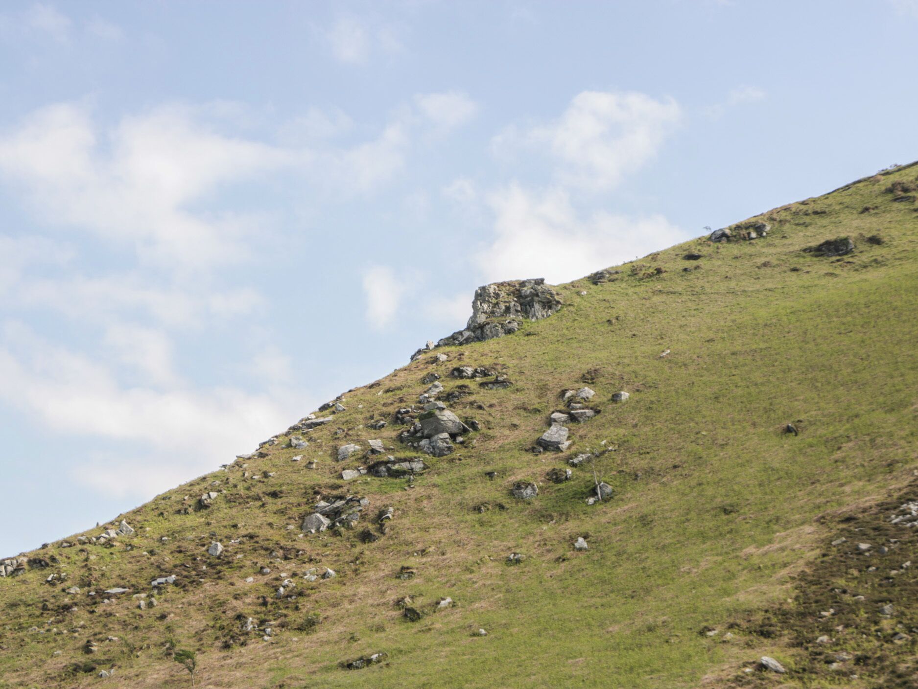 A grassy hill with scattered rocks and a prominent rocky outcrop.