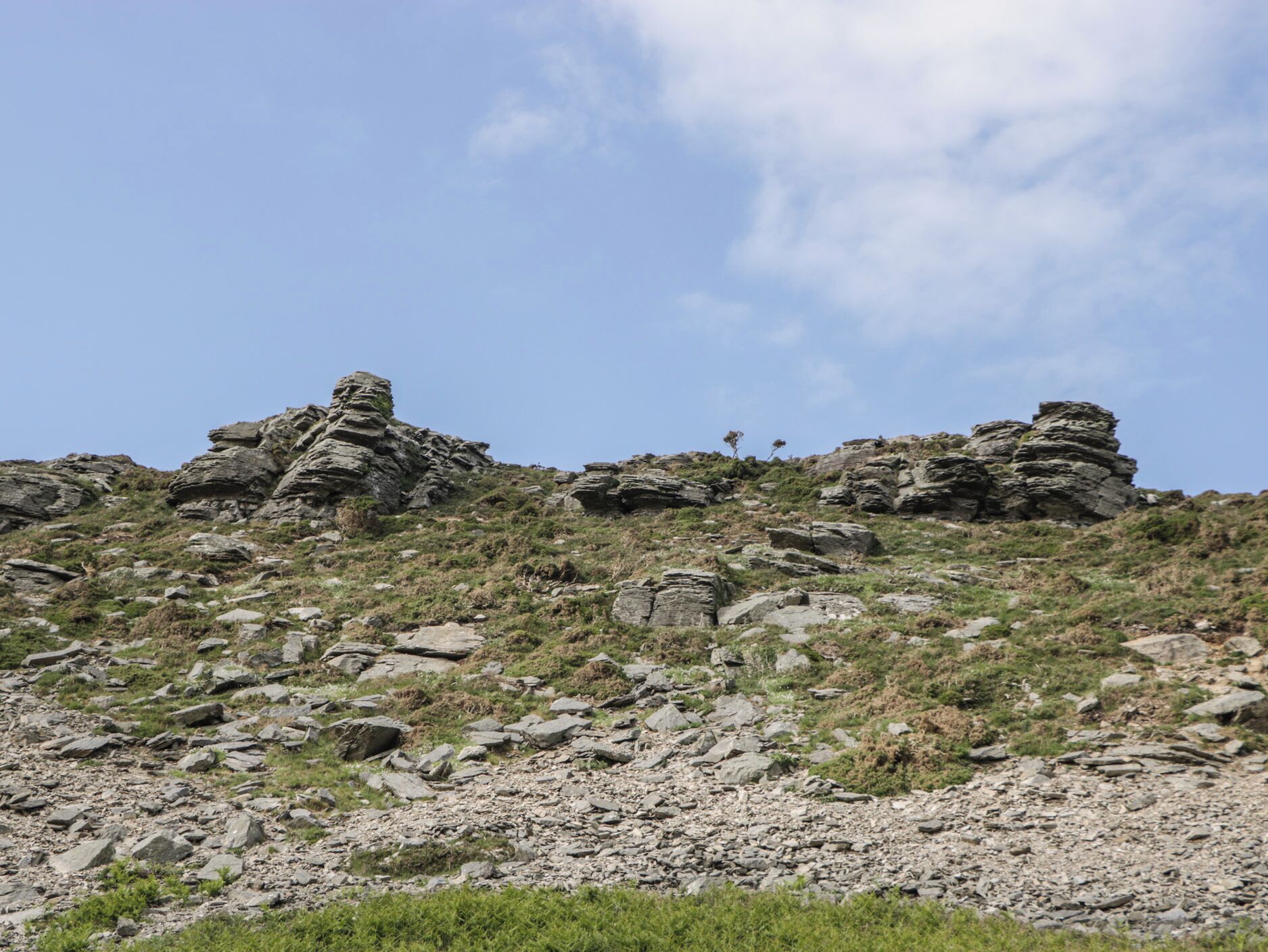 A rocky hillside with sparse vegetation and a clear sky.