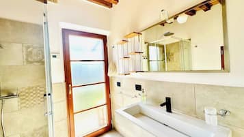 Shower, hair dryer, bidet, towels
