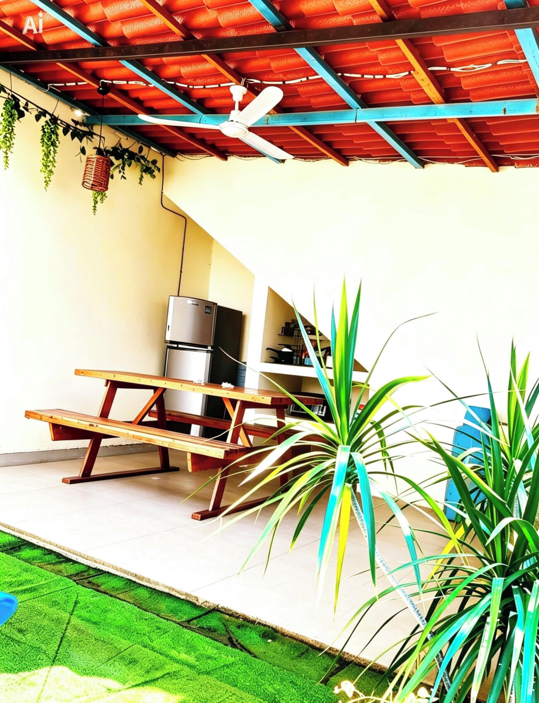 Un patio techado con ventilador de techo, un refrigerador y una mesa de madera.