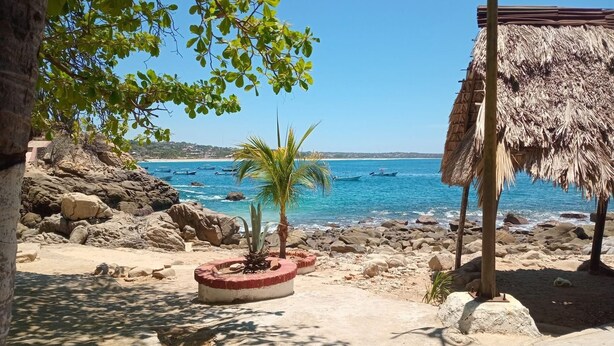 A beach with a thatched-roof structure, a palm tree, and rocky shoreline. - Casa PXM Ocean view (Puerto Escondido)