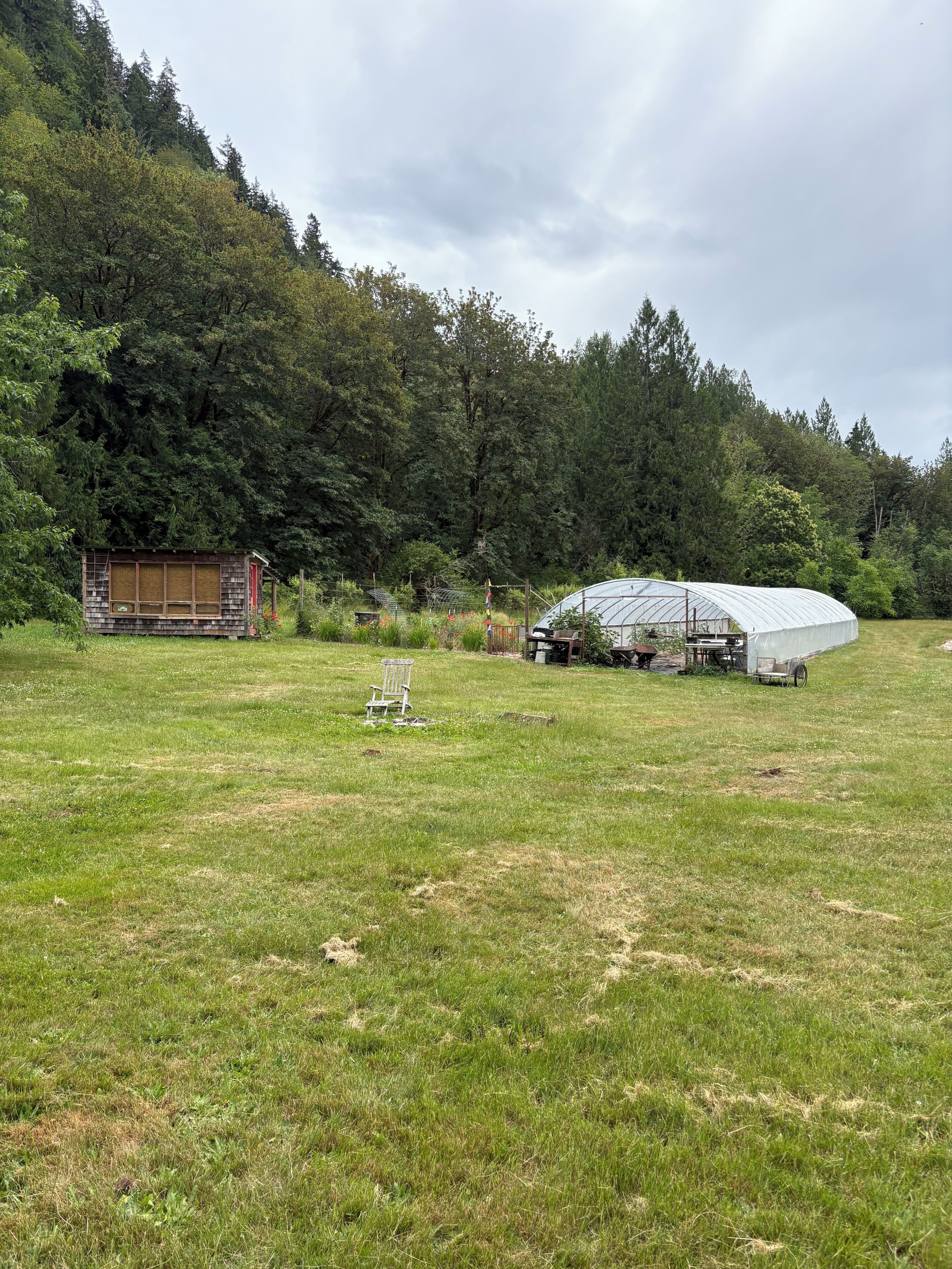 A greenhouse in a grassy field with a wooden structure and a bench.