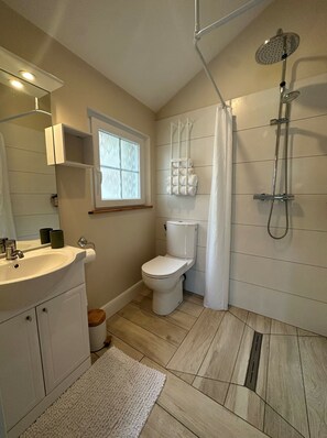Shower, hair dryer, towels, soap