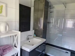 Hair dryer, towels, soap, toilet paper