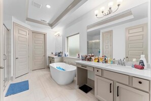 Hair dryer, bidet, towels, soap
