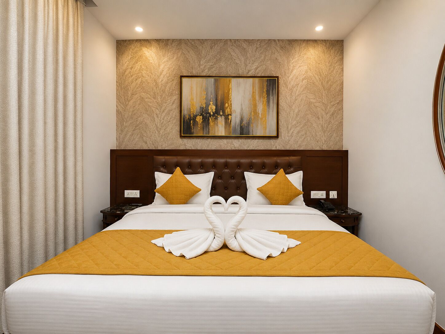 A hotel room with a large bed, a headboard, a painting on the wall, and a curtain.