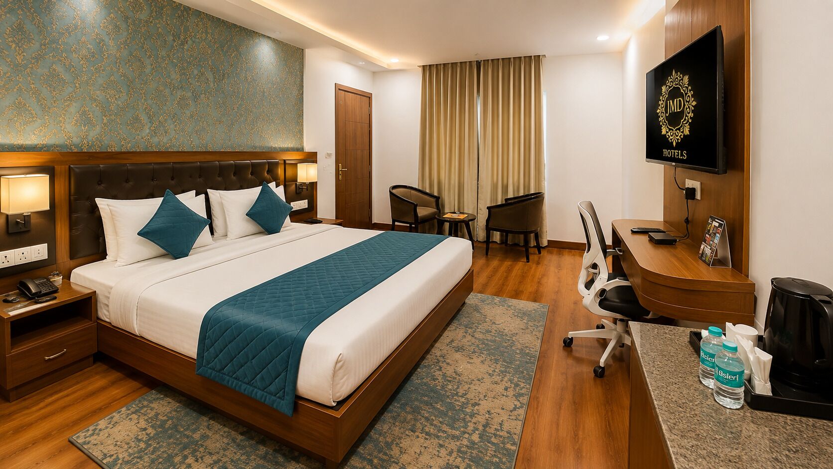 A hotel room with a bed, bedside tables, a desk, a chair, a television, and a window with curtains.
