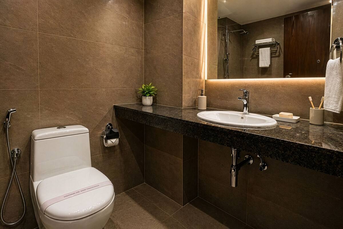 A modern bathroom with a toilet, sink, mirror, and shower.
