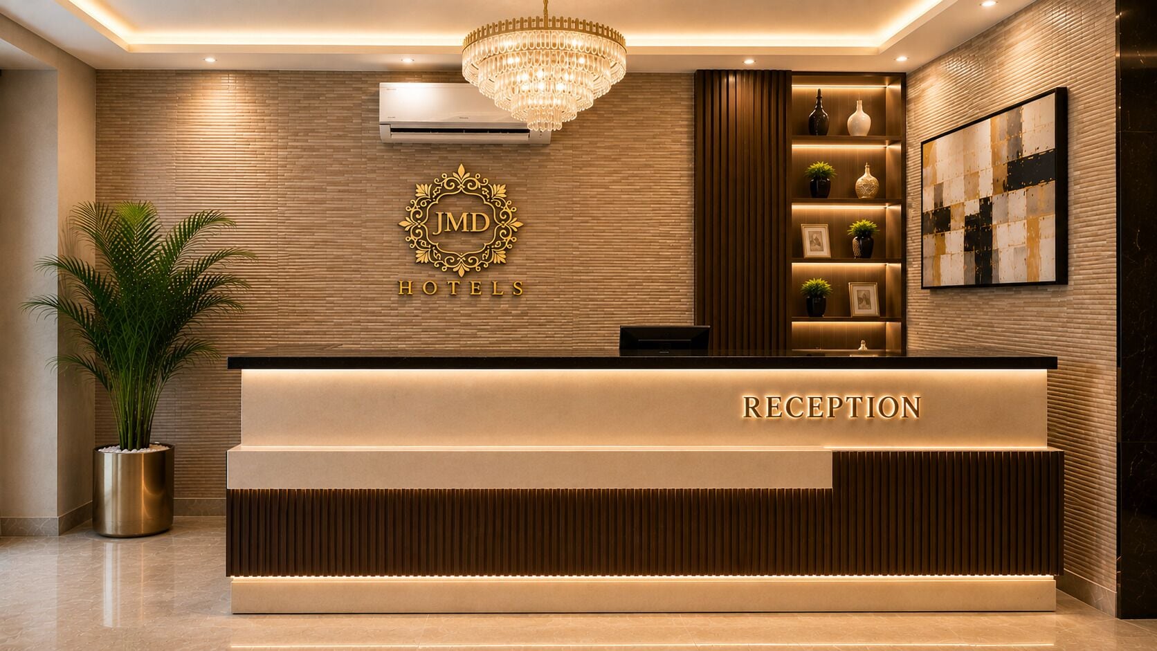 Balcão de recepção de hotel com design moderno, um lustre e um aparelho de ar condicionado fixado na parede.