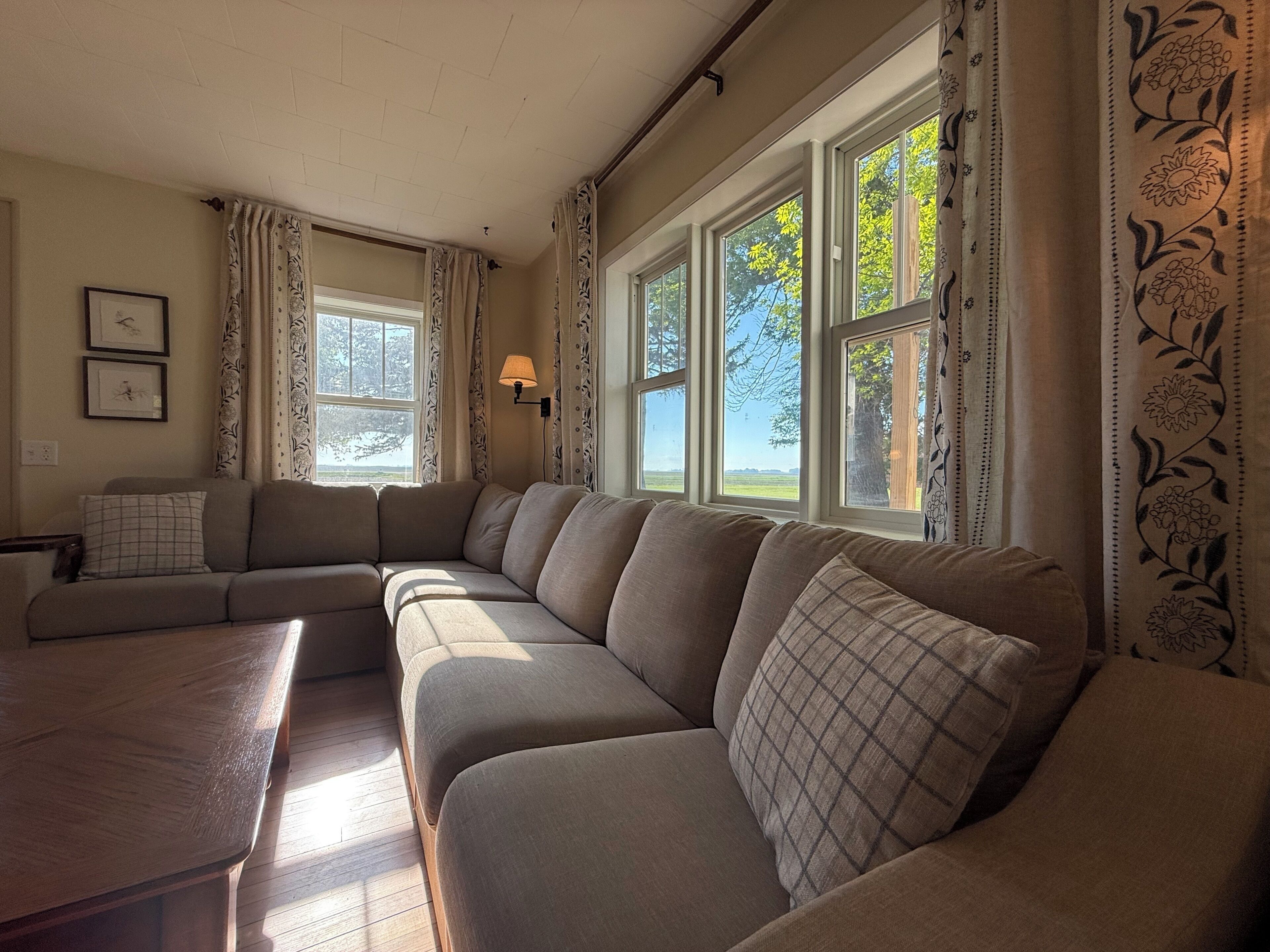 Sala de estar con sofá, una mesa y una lámpara. Ventanas con cortinas y vista a árboles.