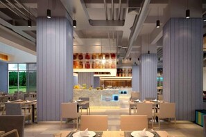 A modern restaurant with a central bar area, high ceilings, and a view of the outdoors.