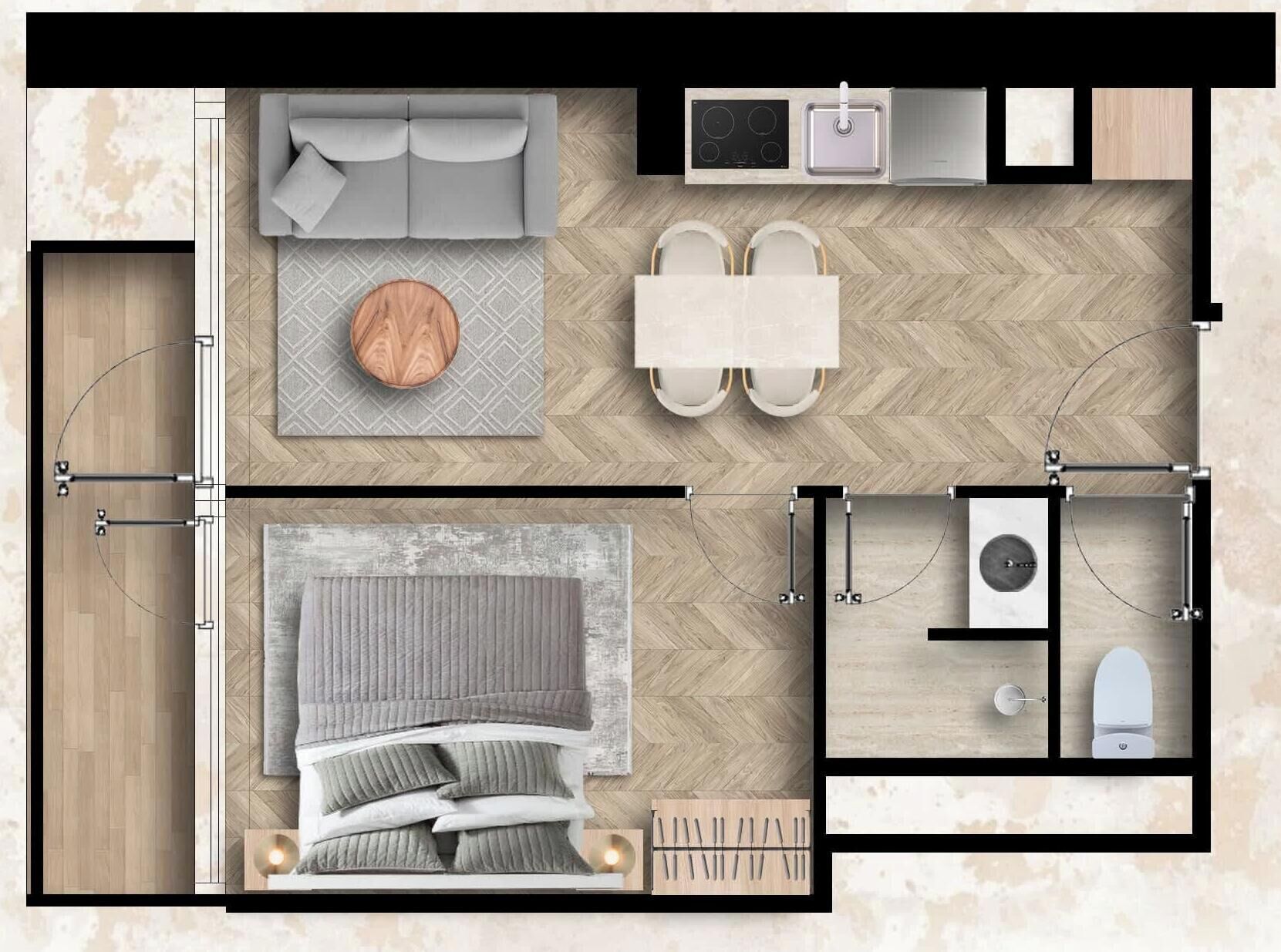 A room with a bed, bedside table, and a small window.