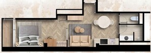 Un plan d’étage d’une chambre d’hôtel comprenant un lit, un canapé, une table à manger, un coin cuisine et une salle de bain.