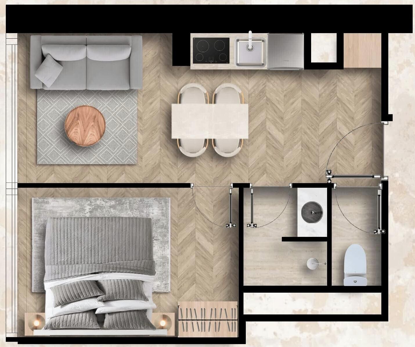 Distribución de una habitación de hotel con cama, mesita de noche, armario, baño y zona de estar con sofá y mesa.