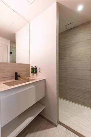 Shower, hair dryer, towels, shampoo