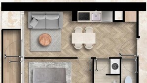 A room with a bed, bedside table, and a small window.