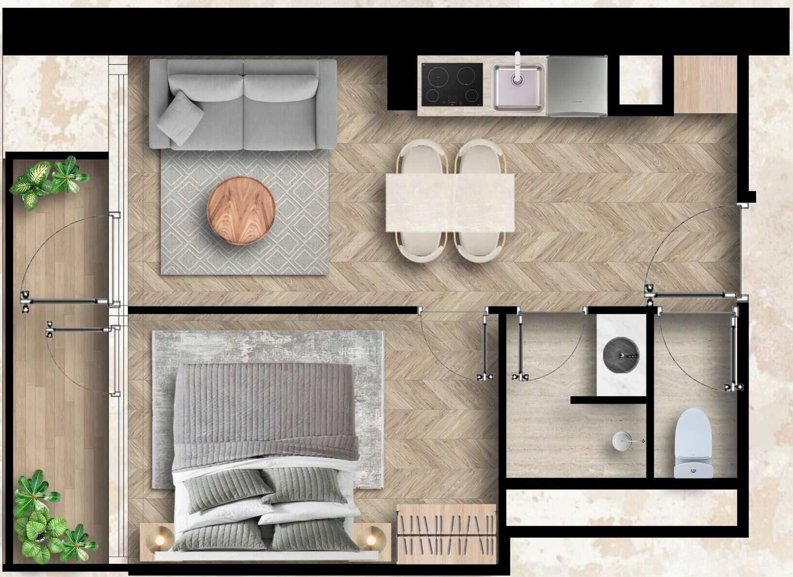 A room with a bed, bedside table, and a small window.