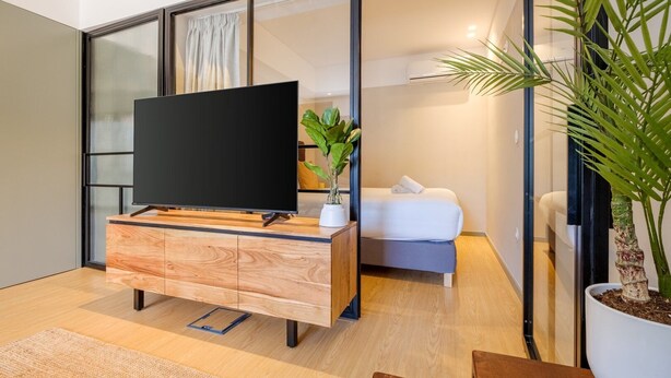 A modern living room with a flat-screen TV on a wooden cabinet, a bed with a white mattress and pillows, and a large potted plant.