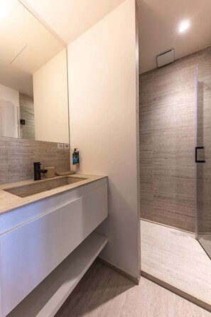 Shower, hair dryer, towels, shampoo