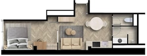Disposição de quarto de hotel com cama, área de estar, mesa de jantar e cozinha compacta.