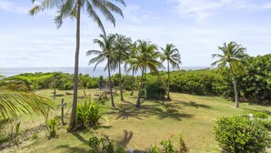 A tropical garden with palm trees and a view of the ocean. - Villa 3 Anses - Three Bedroom Villa, Sleeps 8 (Sainte-Anne)