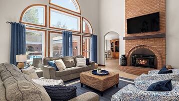 TV, fireplace, foosball