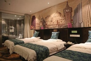 A hotel room with two beds, a large window, and a cityscape mural on the wall. - Tehaote Hotel of Zheng Zhou (Zhengzhou)