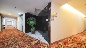 A hotel corridor with patterned carpet, a potted plant, and a sign on the wall. - Ward Aladdin Hotel (Changjiang East Road Huangdao Golden Beach Branch) (Qingdao)