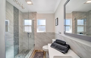 Shower, towels, soap, toilet paper