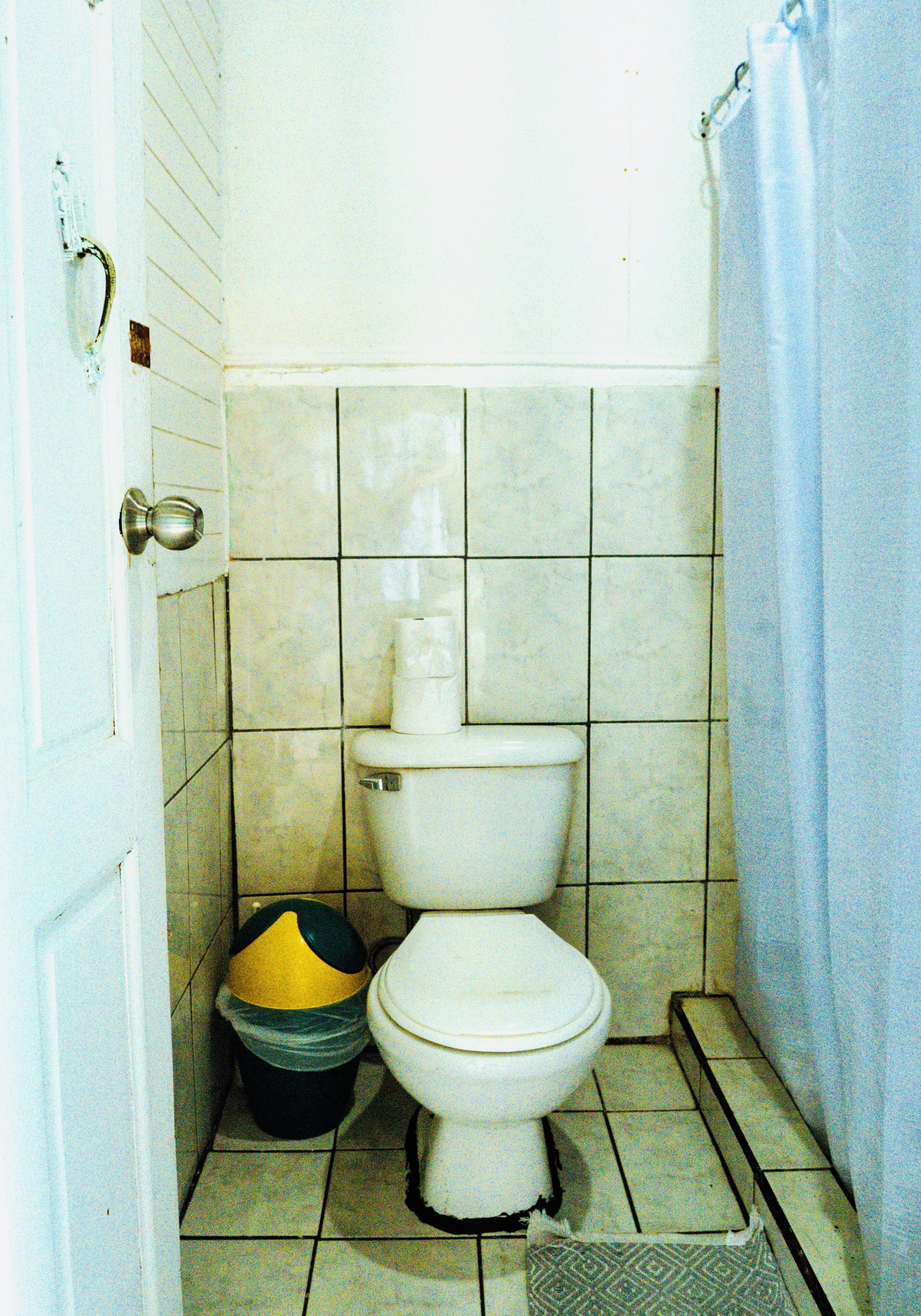 A small bathroom with a toilet, a trash bin, and a shower curtain.