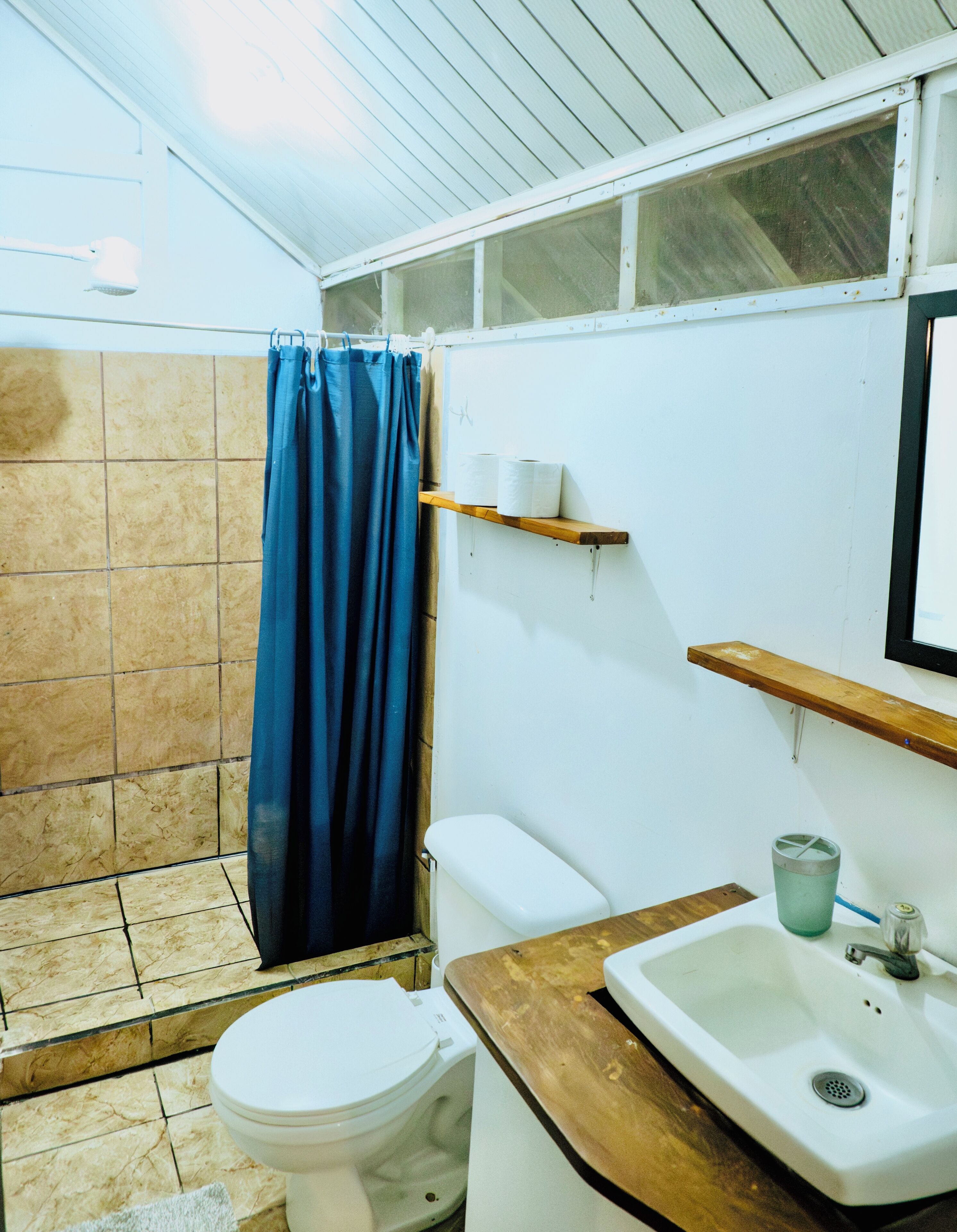 Un baño con ducha, inodoro y lavamanos.