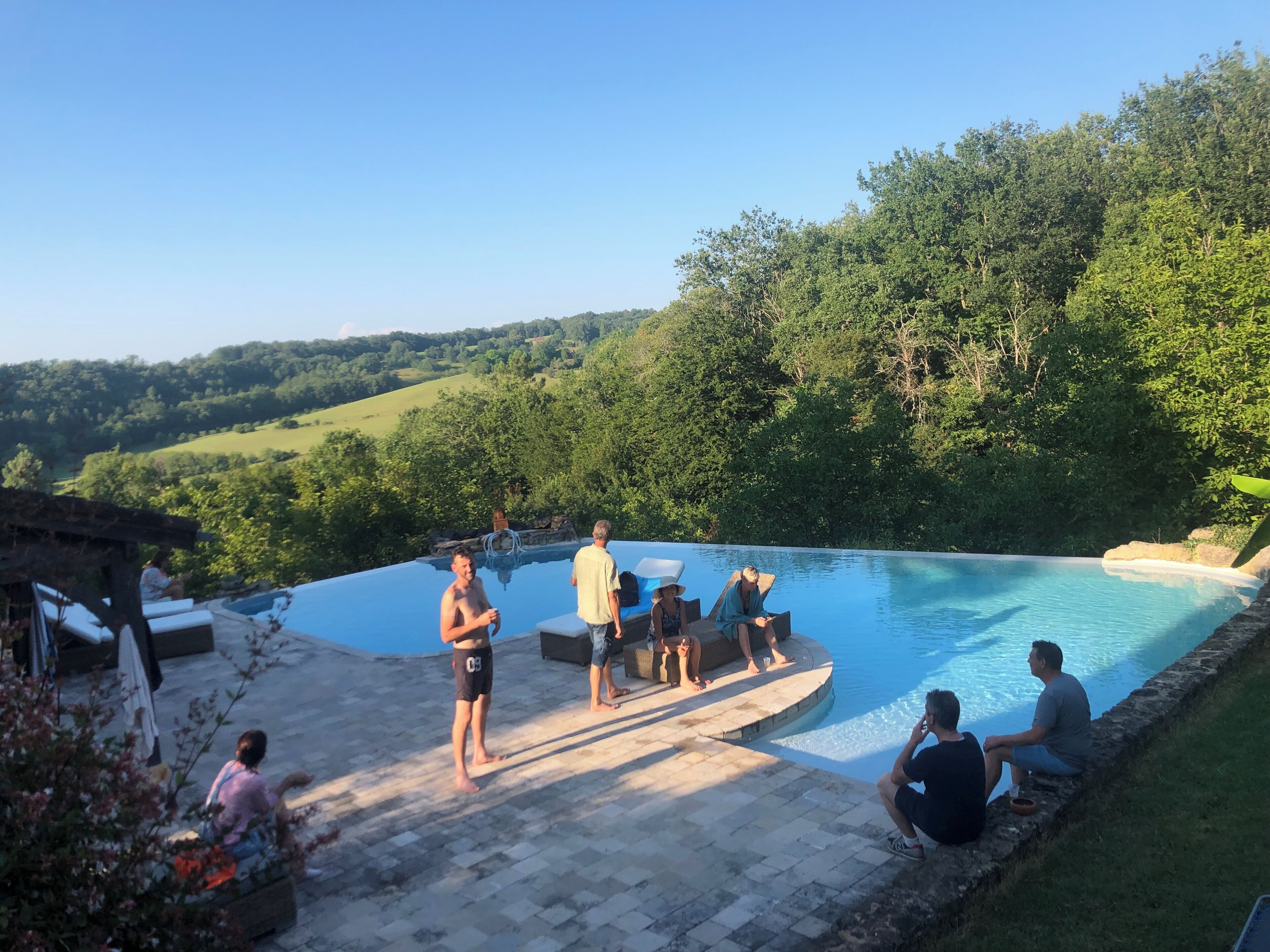 A pool area with a view of the countryside, surrounded by greenery.