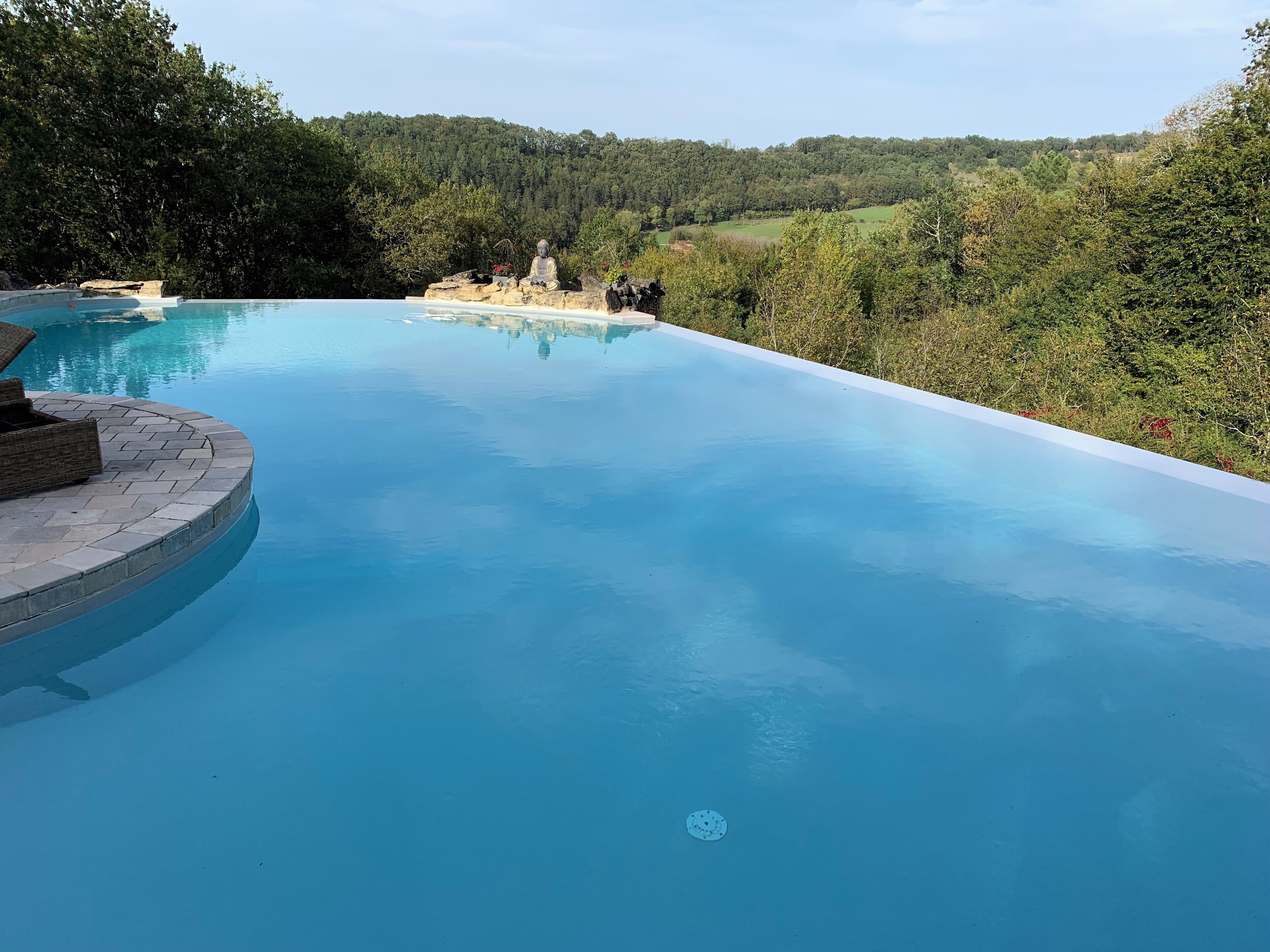 En lugn och avkopplande infinitypool med en Buddha-staty, omgiven av frodig grönska och kullar i bakgrunden.