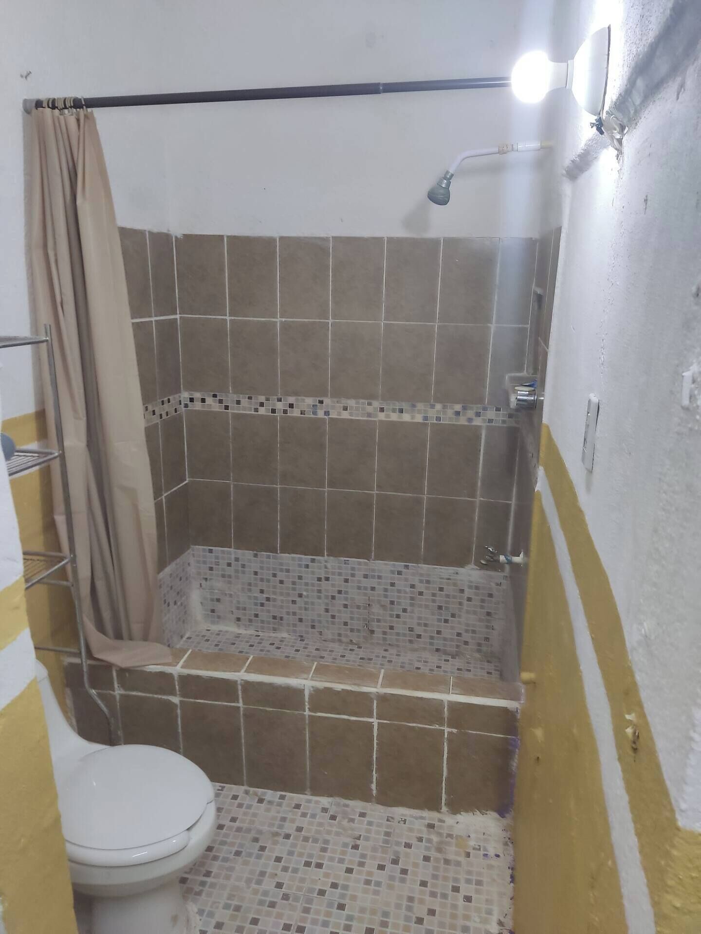 Shower, towels, soap, toilet paper