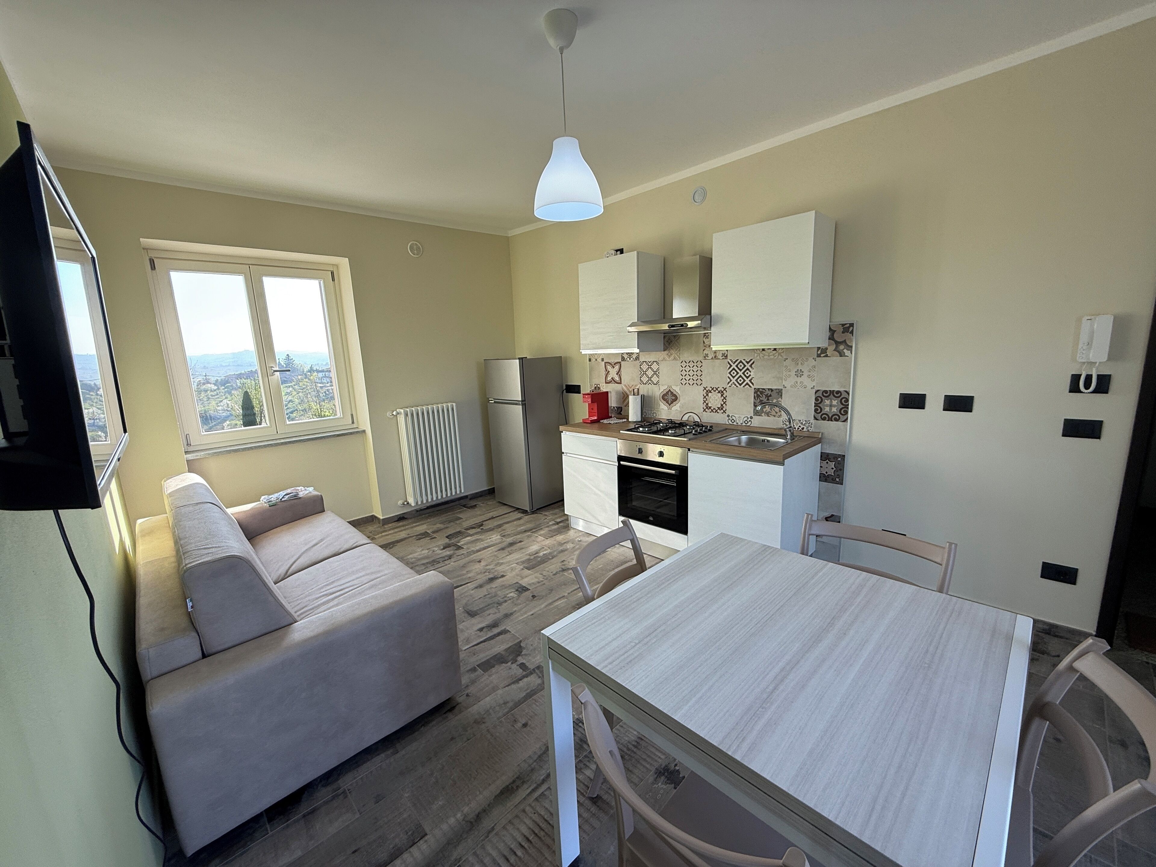 A compact kitchen with a dining area, a sofa, and a TV.