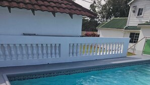 A swimming pool with a metal ladder and a white wall with a decorative balustrade. - Dalkeith Greathouse- Private Sanctuary  (Knockpatrick)