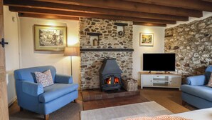 A cozy living room with a stone fireplace, two blue sofas, a television, and framed artwork on the walls.