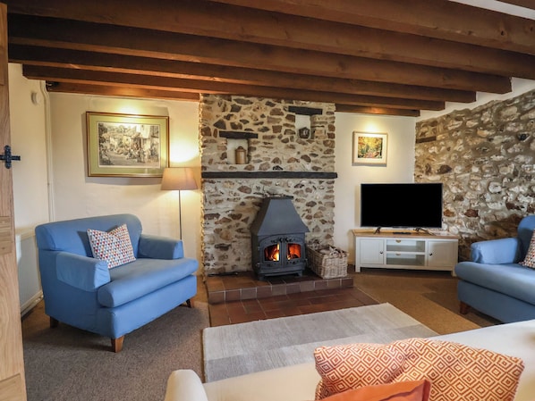 A cozy living room with a stone fireplace, two blue sofas, a television, and framed artwork on the walls. - Meadow Cottage (Honiton)