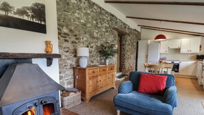 Una sala de estar acogedora con pared de piedra, chimenea, un sillón azul y una cocina al fondo.