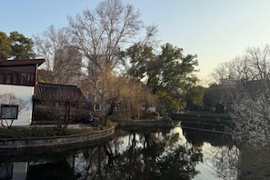 A traditional building with a tiled roof, a pond, and trees in a park setting.